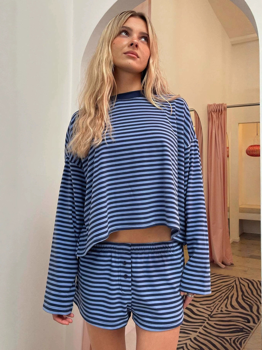 Zara Striped Long Sleeve Top Shorts Set Relaxed Retro Low Rise Slim 2 Piece